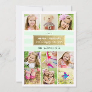 Cartão De Festividades Chic Mint Gold Photo Collage Holidays Card