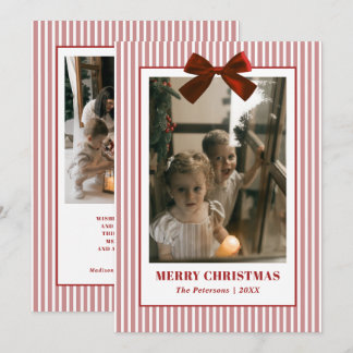 Cartão De Festividades Chic Red Bow Ribbon Striped Family Photo Christmas