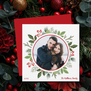 Cartão De Festividades Chic Red Holly Berry Leaf Christmas Wreath Photo
