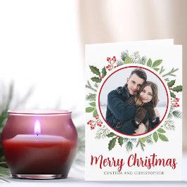 Cartão De Festividades Chic Red Holly Christmas Wreath Photo Dobrado