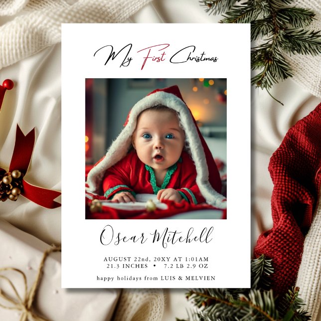 Cartão De Festividades Chic Red My First Christmas Baby Photo Simple (Criador carregado)