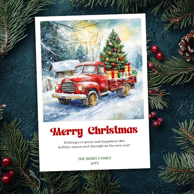 Cartão De Festividades Chic Rustic Red Truck Christmas Scene Greeting  (Chic Rustic Red Truck Christmas Scene Greeting Holiday Card)