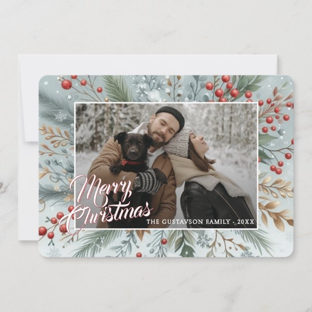 Cartão De Festividades Chic Trendy Red Floral Berries Holiday Wreath (Frente)