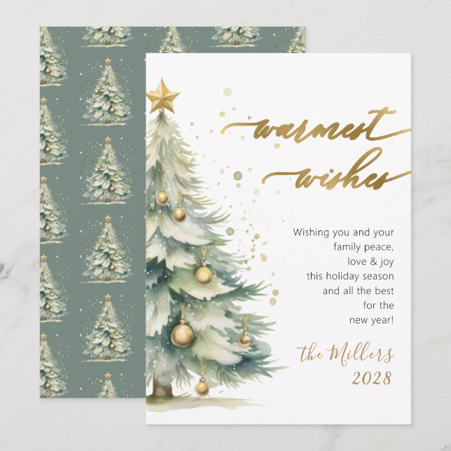 Cartão De Festividades Chic Warm Deseja Dourado Script Árvore de Natal (Frente/Verso)