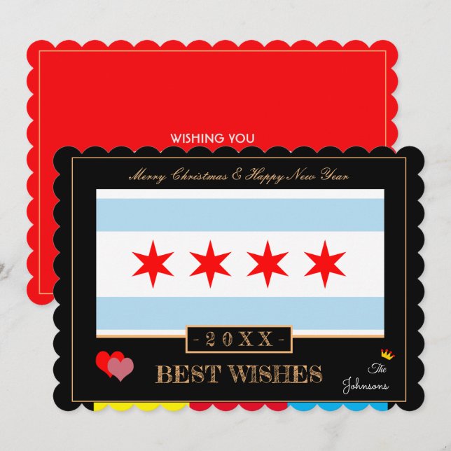 Cartão De Festividades Chicago Flag & Feliz ano novo /Best Wish EUA (Frente/Verso)
