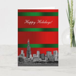 Cartão De Festividades Chicago Skyline Christmas Holiday Red Green Grd