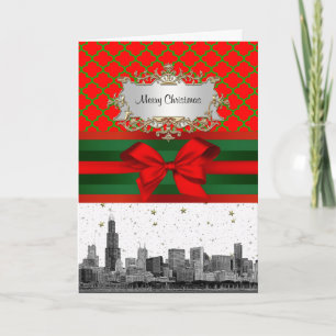 Cartão De Festividades Chicago Skyline Red Green Quatrefoil Xmas