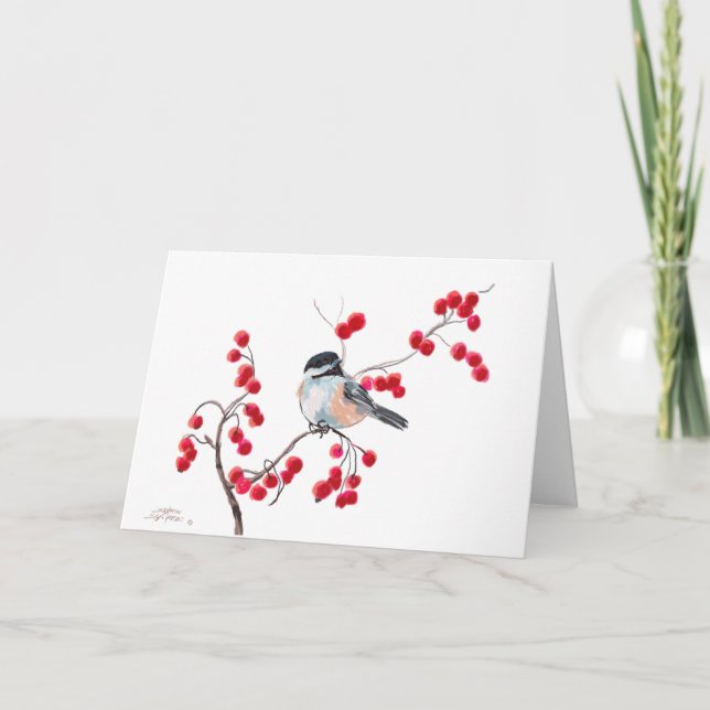 Cartão De Festividades CHICKADEE & RED BERRIES por SHARON SHARPE (Frente)