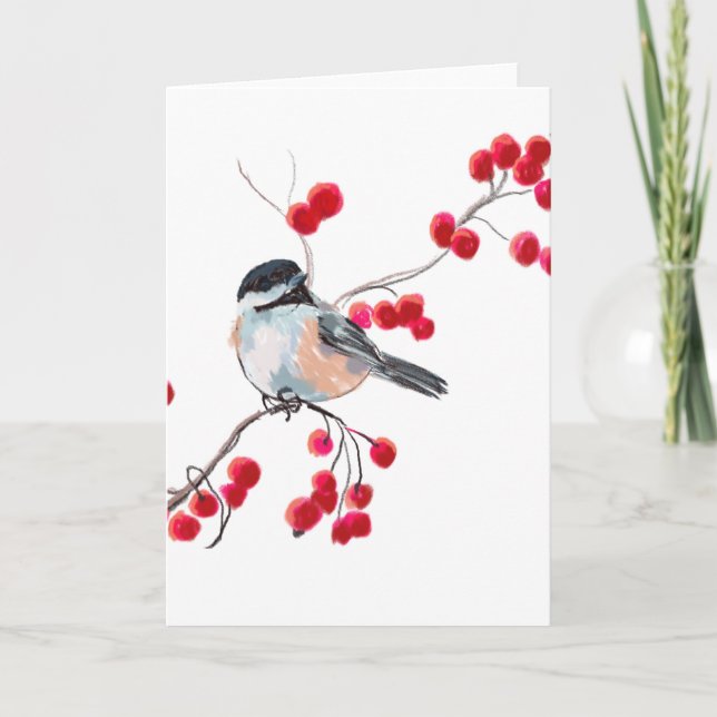 Cartão De Festividades CHICKADEE & RED BERRIES por SHARON SHARPE (Frente)