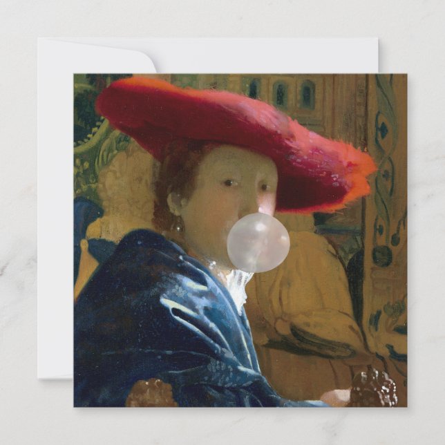 Cartão De Festividades Chiclete Diva com um chapéu vermelho soprando uma  (Frente)