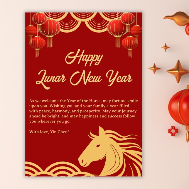 Cartão De Festividades Chinese Red Gold Happy Lunar New Year Of The Horse (2026 Chinese Red and Gold Lunar New Year Of The Horse Holiday Card)