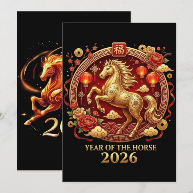 Cartão De Festividades Chinese Year of Horse 2026 Celebrations (Frente/Verso)