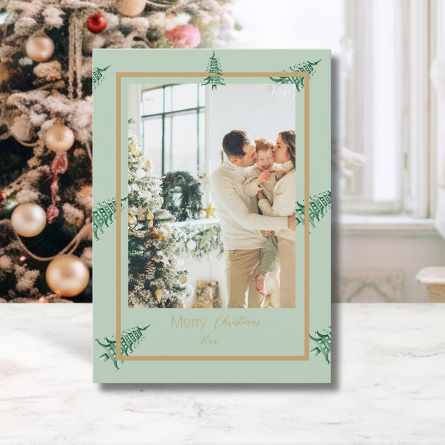 Cartão De Festividades Chinoiserie Christmas Sage Green Pagoda 2-Foto (Chinoiserie Christmas Sage Green Pagoda 2-Photo Holiday Card)