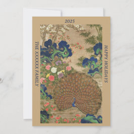 Cartão De Festividades Chinoiserie Pavão Azul com Jardim de Flores Exótic