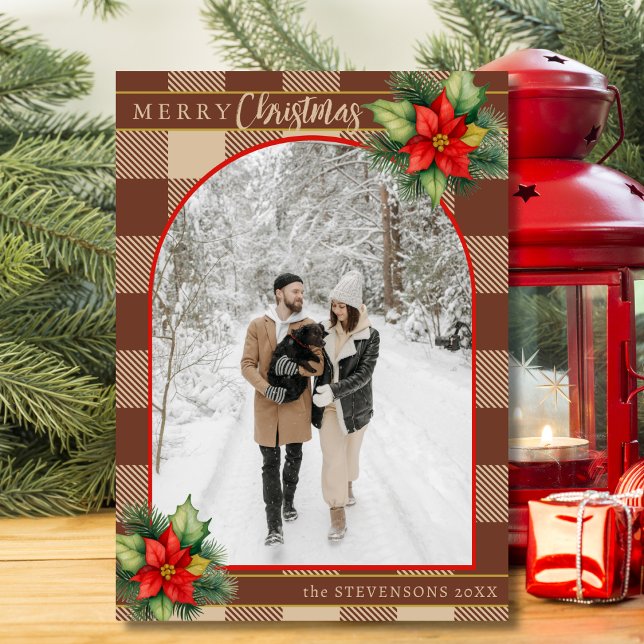 Cartão De Festividades Chocolate Festivo Xadrez de Buffalo Floral Natal (Criador carregado)