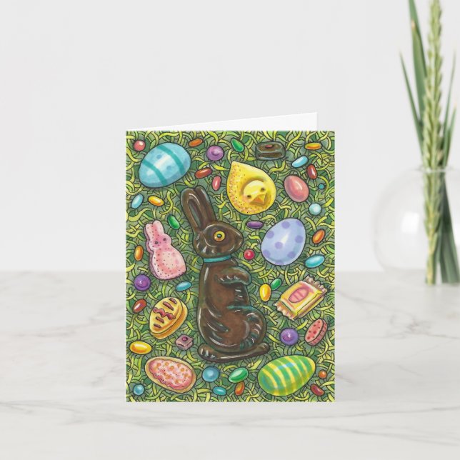 CARTÃO DE FESTIVIDADES CHOCOLATE LESTE BUNNY, PINTINHO, OVOS, JELLY BEANS (Frente)