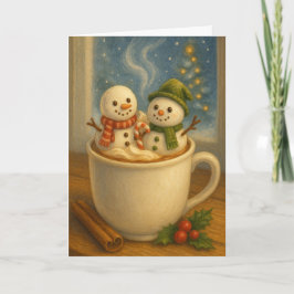 Cartão De Festividades Chocolate Quente com Bonecos de Neve de Marshmallo
