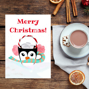 Cartão De Festividades Chocolate Quente Feliz Natal Kawaii Pinguim