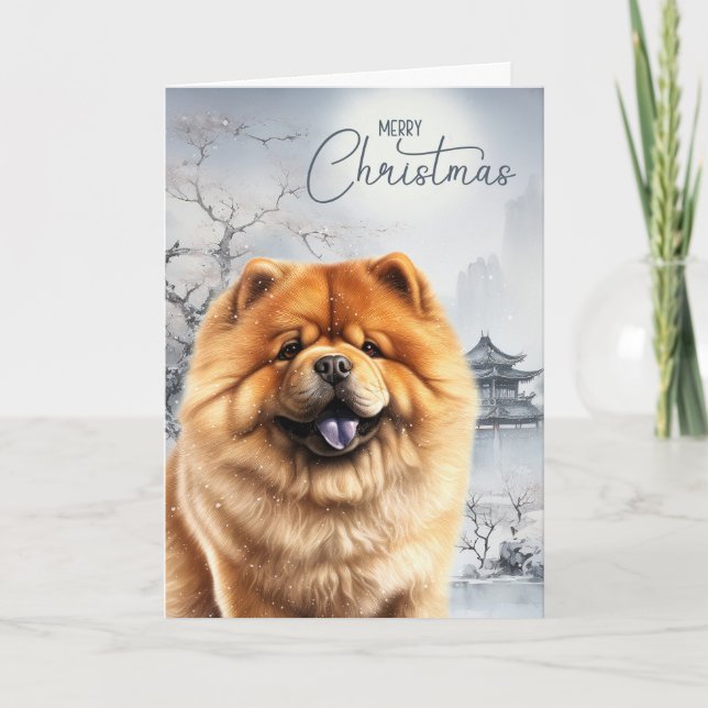 Cartão De Festividades Chow Chow Dog and Snowy Chinese Winter (Frente)