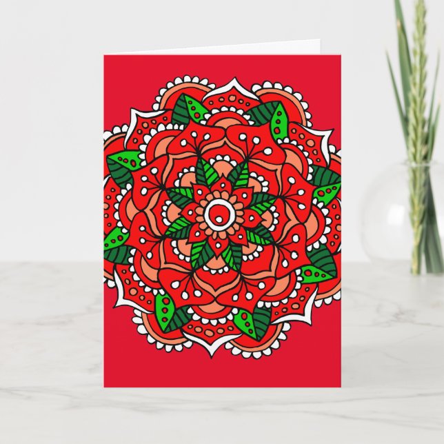 Cartão De Festividades Chrismas Mandala Red Green Flower (Frente)