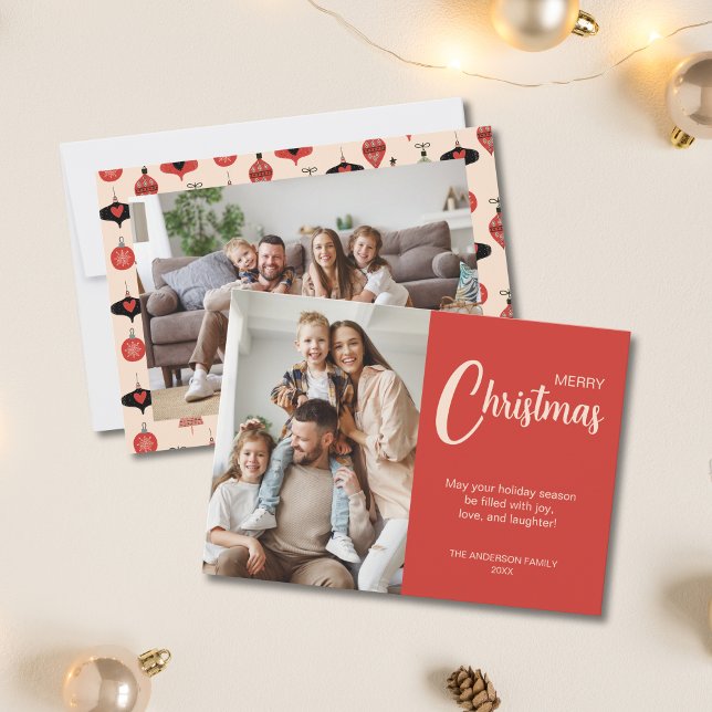 Cartão De Festividades Christmas 2 Photos Family Red (Christmas 2 Photos Family Red Holiday Card)