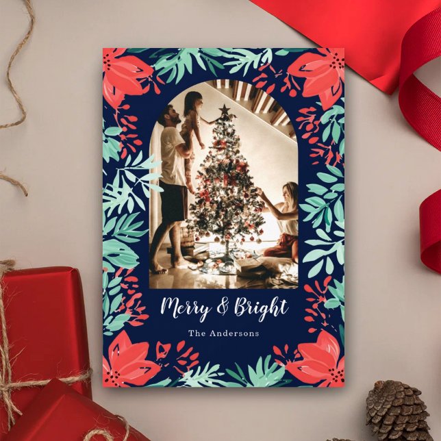 Cartão De Festividades Christmas Arch Photo Blue Botanical Floral  (Criador carregado)