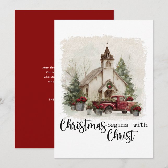 Cartão De Festividades Christmas Begins With Christ Rustic Red Truck (Frente/Verso)