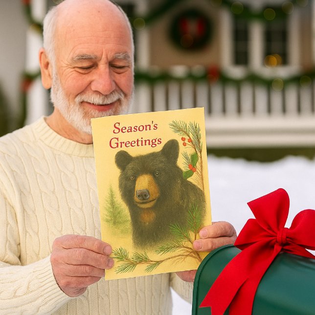 Cartão De Festividades Christmas Black Bear Watercolor Holiday Card (Wildlife bear Christmas Card is perfect for senior neighbors.  Personalize the inside greeting)