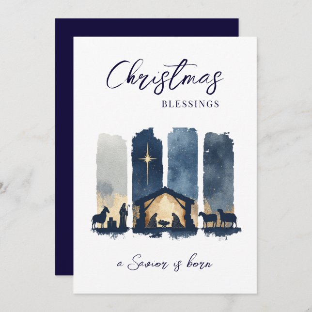 Cartão De Festividades Christmas Blessings Watercolor Nativity Scene (Frente/Verso)