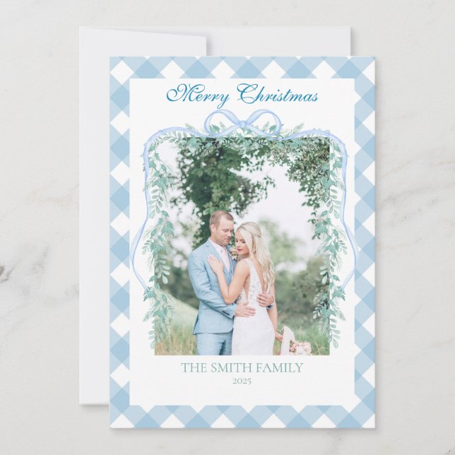 Cartão De Festividades Christmas Blue Gingham Garland Grandmillenial (Frente)