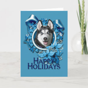 Cartão De Festividades Christmas - Blue Snowflakes - Siberian Husky