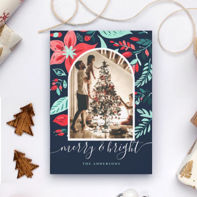 Cartão De Festividades Christmas  Botanical Red Floral Blue Arch Photo (Criador carregado)