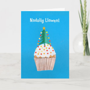 Cartão De Festividades Christmas Card (Welsh) Cupcake with Christmas Tree