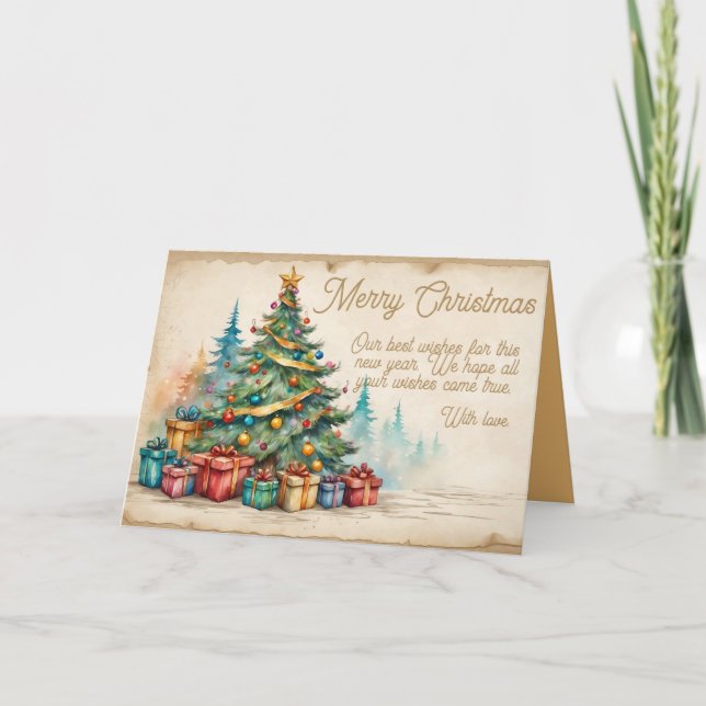 Cartão De Festividades Christmas Card With Decorated Tree and Gifts (Frente)