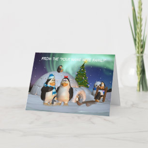 Cartão De Festividades Christmas Card With Penguin Family And Northern Li