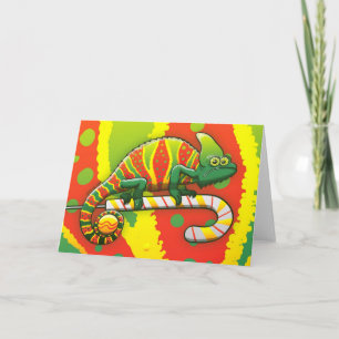 Cartão De Festividades Christmas Chameleon Walking on a Candy Cane