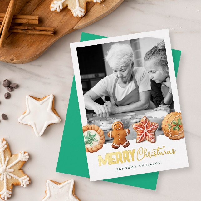 Cartão De Festividades Christmas Cookies Green Holiday Baking Photo Card (Criador carregado)