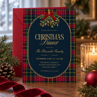 Cartão De Festividades Christmas Dinner Invitation Navy Tartan Plaid Red