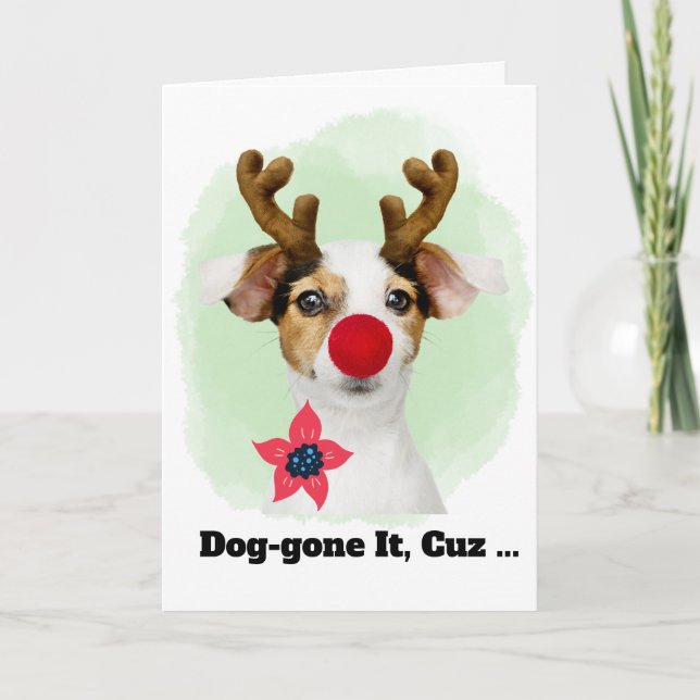 Cartão De Festividades Christmas Dog with Antlers for Cousin Funny (Frente)