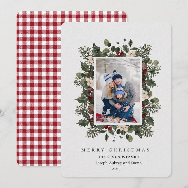 Cartão De Festividades Christmas Floral Photo Holiday Card (Frente/Verso)