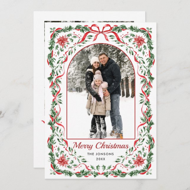 Cartão De Festividades Christmas Funky Whimsical Red Bow Wreath 5 Photo (Frente/Verso)