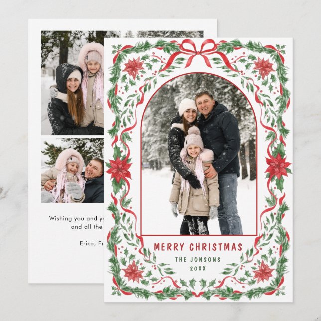Cartão De Festividades Christmas Funky Whimsical Red Bow Wreath 5 Photo (Frente/Verso)