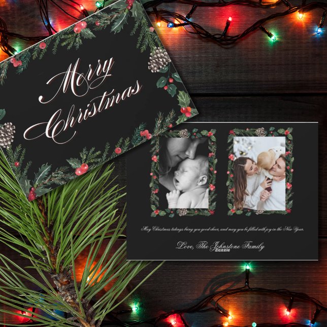 Cartão De Festividades Christmas Garland with Holly 2 Photo Christmas  (Criador carregado)