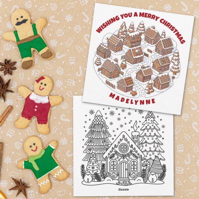 Cartão De Festividades Christmas Gingerbread Village With Coloring Page (Criador carregado)