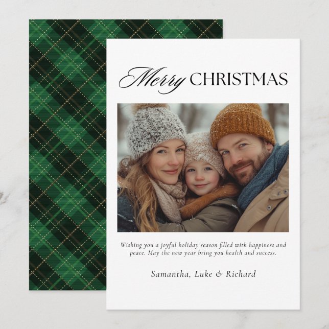 Cartão De Festividades Christmas Green Plaid Family Photo Holiday Card (Frente/Verso)