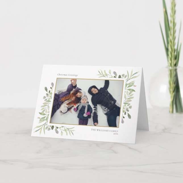 Cartão De Festividades Christmas Greetings Modern Photo Elegant Greenery (Frente)