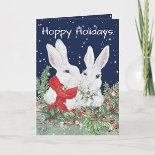 Cartão De Festividades Christmas Holiday Bunny Rabbit Snow Greenery Cute