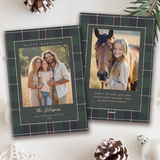 Cartão De Festividades Christmas Holidays Green Plaid Tartan 2-Photo Card (plaid tartan christmas photo card elegant 2 photos traditional classic scottish green)
