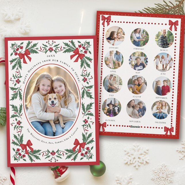 Cartão De Festividades Christmas Holidays Whimsical Botanical Art Photo (hand painted christmas card whimsical watercolor greenery red bows frame year in review photo)