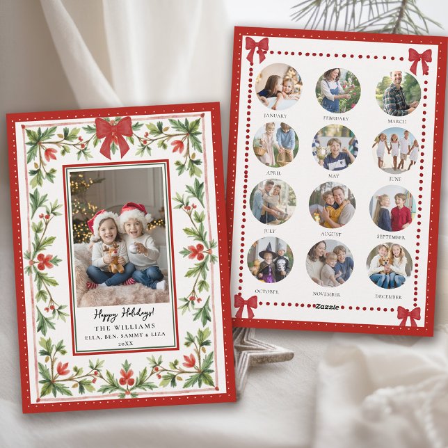 Cartão De Festividades Christmas Holidays Whimsical Bow Botanical Photo (hand painted christmas card whimsical watercolor greenery red bow year in review photo)